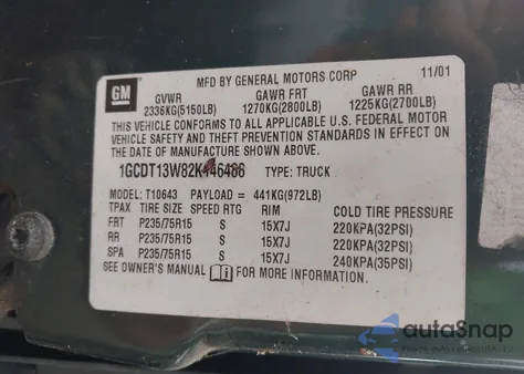 2002 Chevrolet S Truck S10 из США, поврежденный, VIN 1GCDT13W82K146488